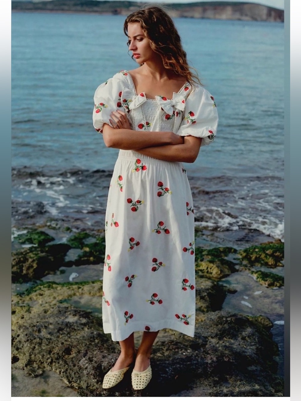 Damson Madder Lauren strawberry embroidered puff sleeve midi dress white US 6